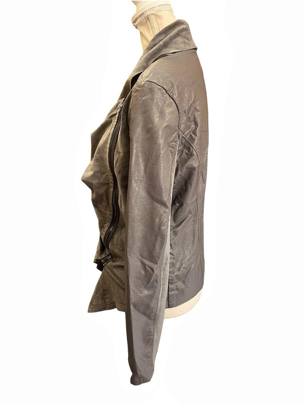 BLANKNYC Gray Faux Suede Leather Drape Front Moto Jacket Medium Asymmetrical - Picture 5 of 14